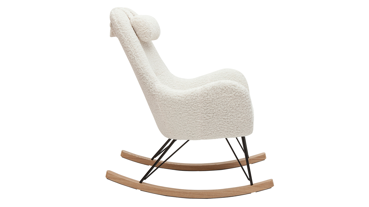Rocking chair scandinave en tissu effet peau de mouton blanc, métal noir et bois clair MANIA
