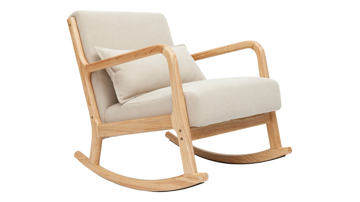 Rocking chair scandinave en tissu effet velours beige et bois clair massif DERRY