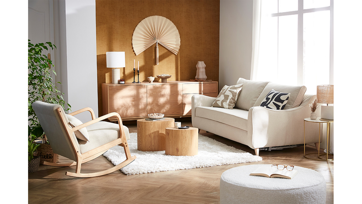 Rocking chair scandinave en tissu effet velours beige et bois clair