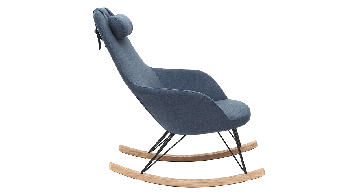 Rocking chair scandinave en tissu effet velours bleu avec pieds métal et bois JHENE