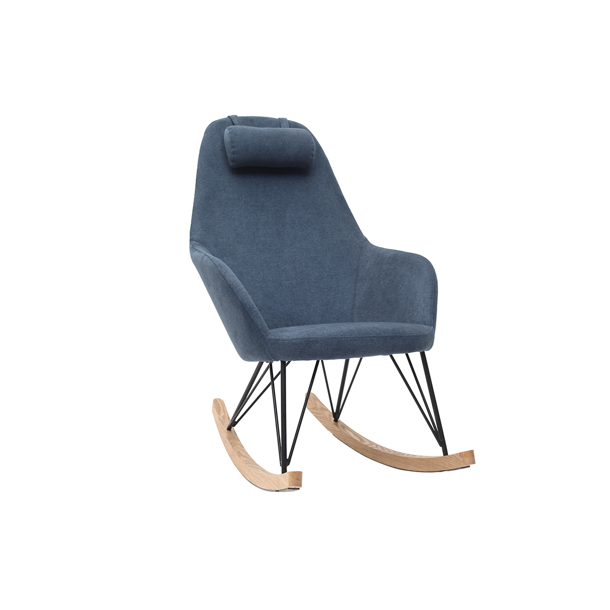 Rocking chair scandinave en tissu effet velours bleu avec pieds métal et bois JHENE vue1