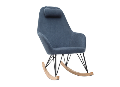 Rocking chair scandinave en tissu effet velours bleu avec pieds métal et bois JHENE