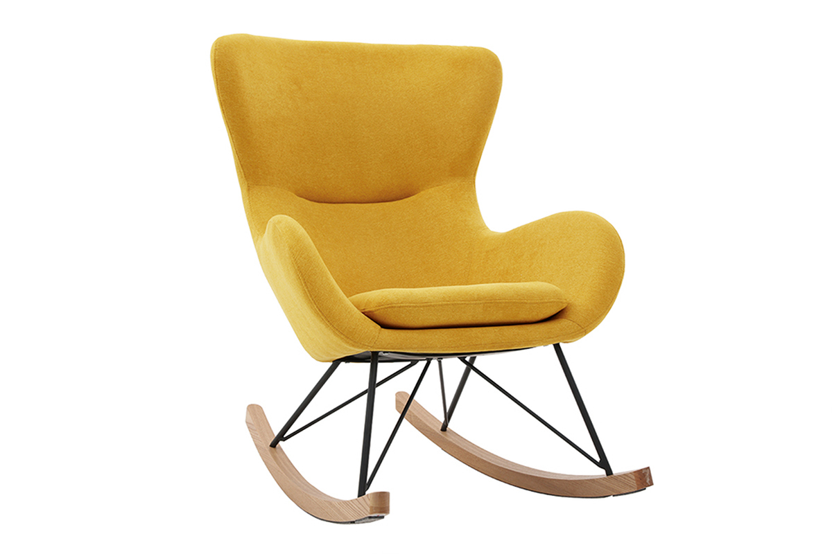 Rocking chair scandinave en tissu effet velours jaune moutarde, métal