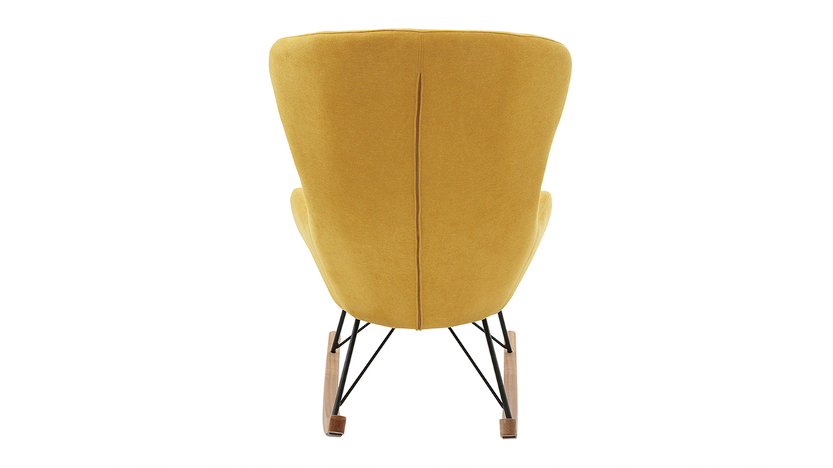 Rocking chair scandinave en tissu effet velours jaune moutarde, métal noir et bois clair ESKUA