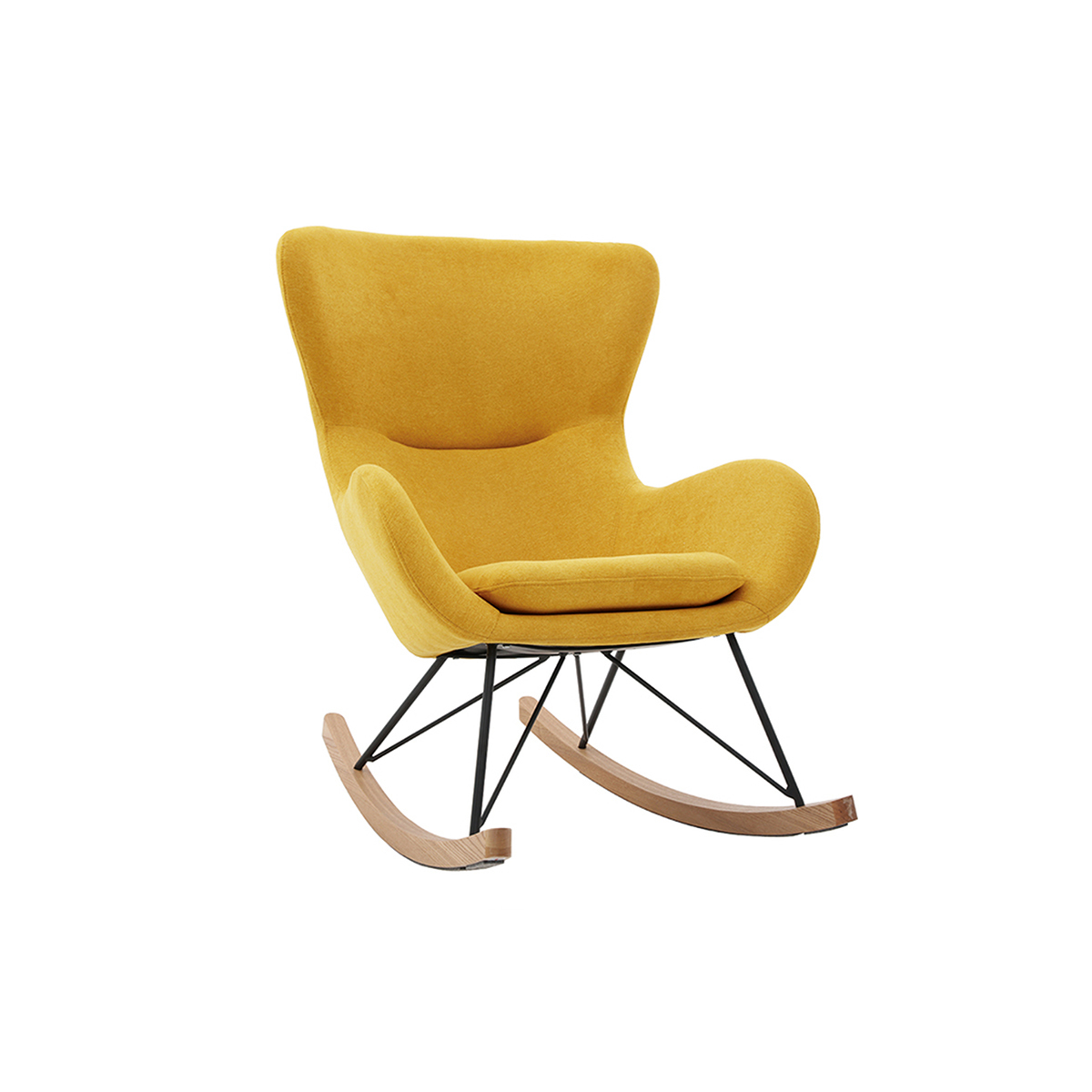 Rocking chair scandinave en tissu effet velours jaune moutarde, métal noir et bois clair ESKUA vue1