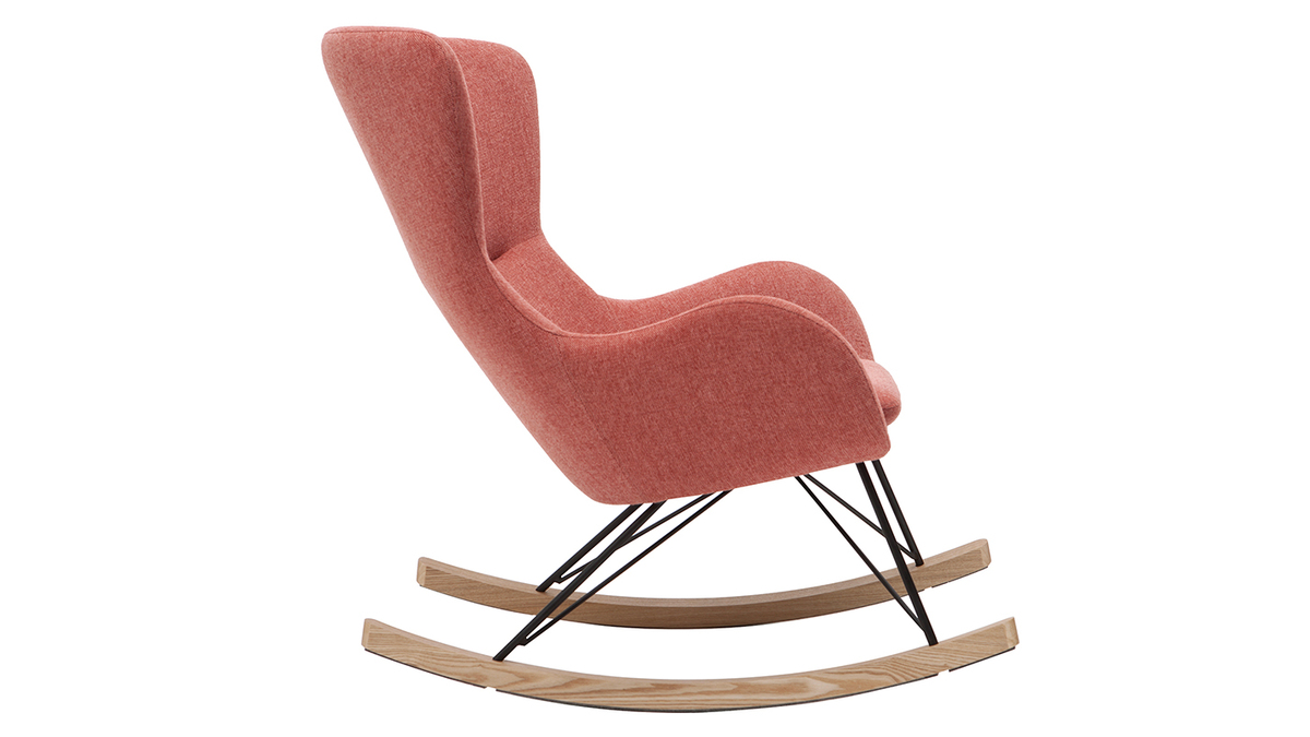 Rocking chair scandinave en tissu effet velours texturé terracotta, métal noir et bois clair ESKUA
