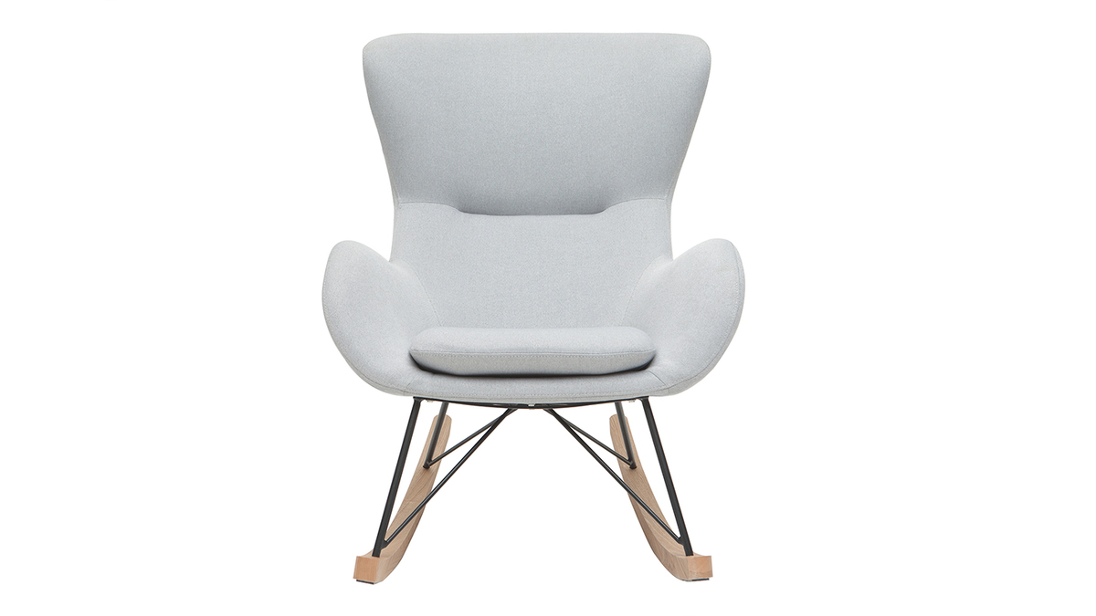 Rocking chair scandinave en tissu gris clair, métal noir et bois clair ESKUA