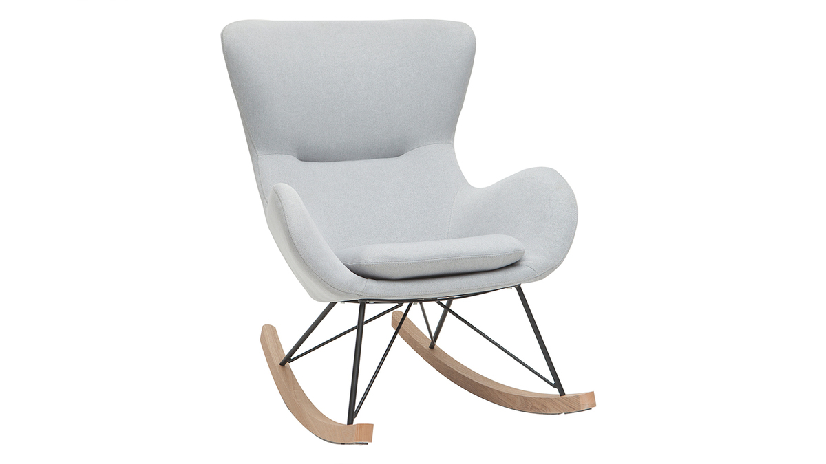 Rocking chair scandinave en tissu gris clair, métal noir et bois clair ESKUA