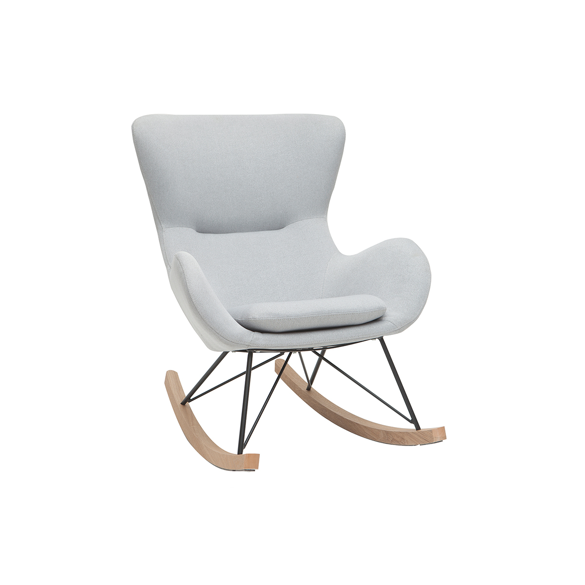Rocking chair scandinave en tissu gris clair, métal noir et bois clair ESKUA vue1