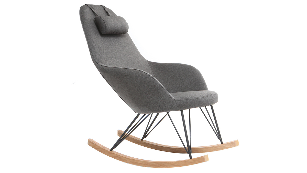 Rocking chair scandinave en tissu gris foncé, métal noir et bois clair JHENE