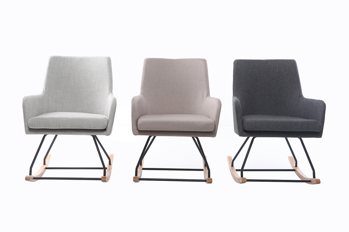 Rocking chair scandinave en tissu naturel, m�tal noir et bois clair SHANA