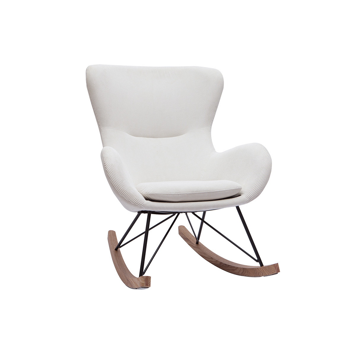 Rocking chair scandinave en tissu velours côtelé beige, métal noir et bois clair ESKUA vue1