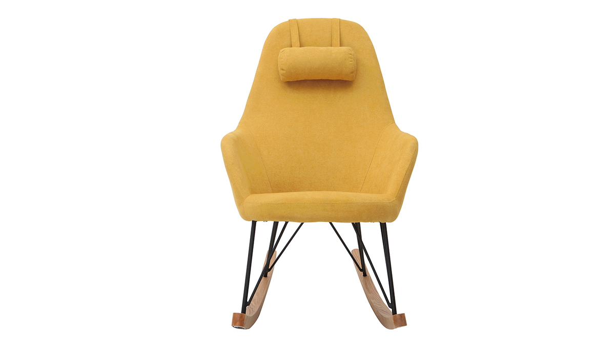 Rocking chair tissu effet velours jaune moutarde avec pieds métal et bois JHENE