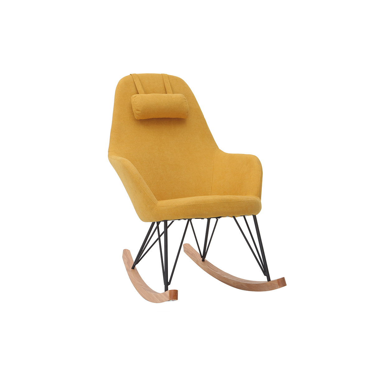 Rocking chair tissu effet velours jaune moutarde avec pieds métal et bois JHENE vue1