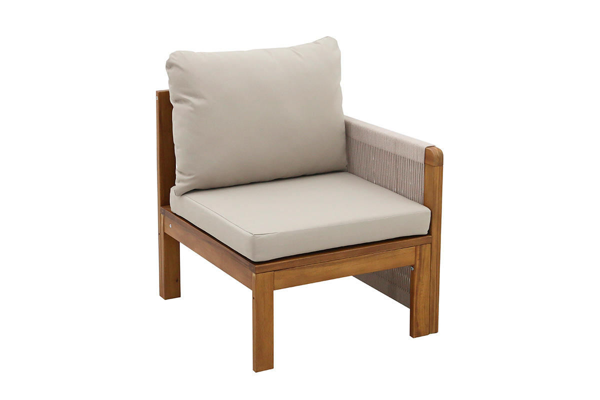 Salon de jardin 3-4 places en bois massif, 2 sets de housse (taupe ou �cru) et accoudoirs tress�s ALOHA