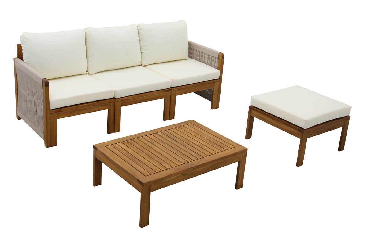 Salon de jardin 3-4 places en bois massif, 2 sets de housse (taupe ou �cru) et accoudoirs tress�s ALOHA