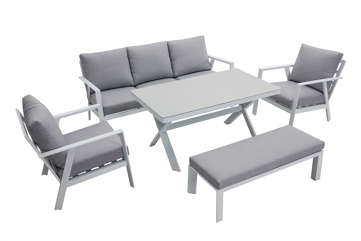 Salon de jardin 7 places avec table � manger en aluminium et tissu gris CALYPSO