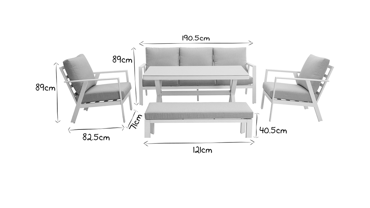 Salon de jardin 7 places avec table à manger en aluminium et tissu gris CALYPSO