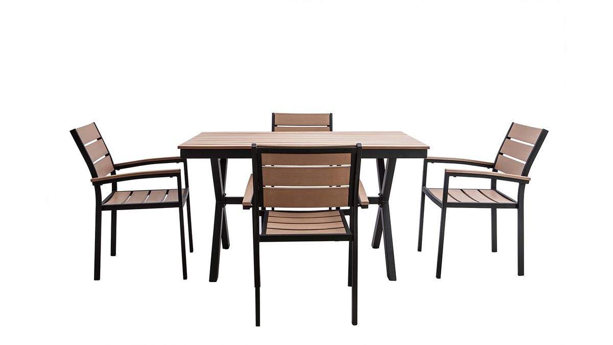 Salon de jardin avec table et 4 chaises noir et bois VIAGGIO