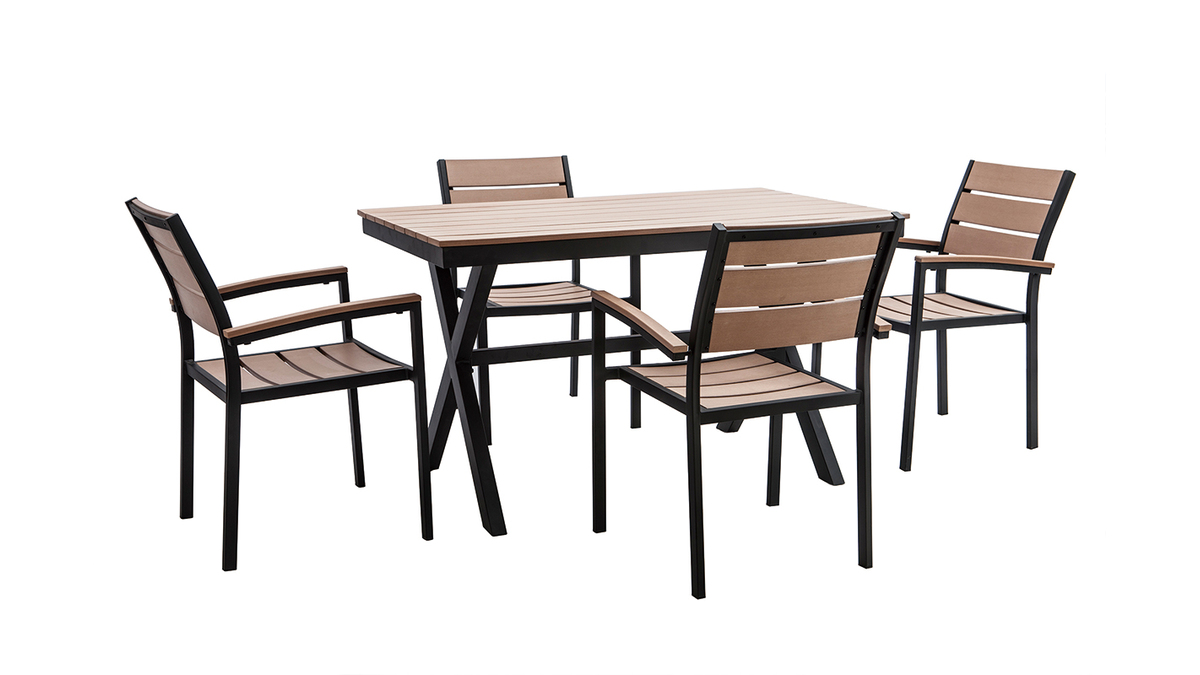 Salon de jardin avec table et 4 chaises noir et bois VIAGGIO