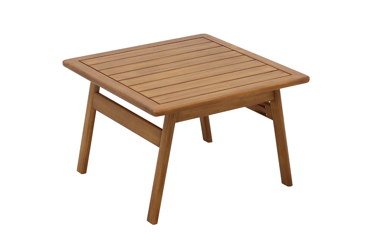 Table basse carr�e en bois d'acacia avec plateau � lattes, vue de 3/4.