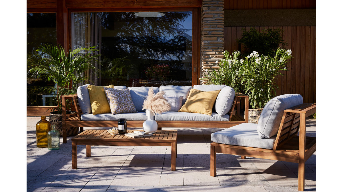 Salon de jardin d'angle en acacia massif avec coussins gris chiné BELIZE