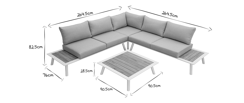 Salon de jardin d'angle en aluminium blanc, teck et tissu gris clair