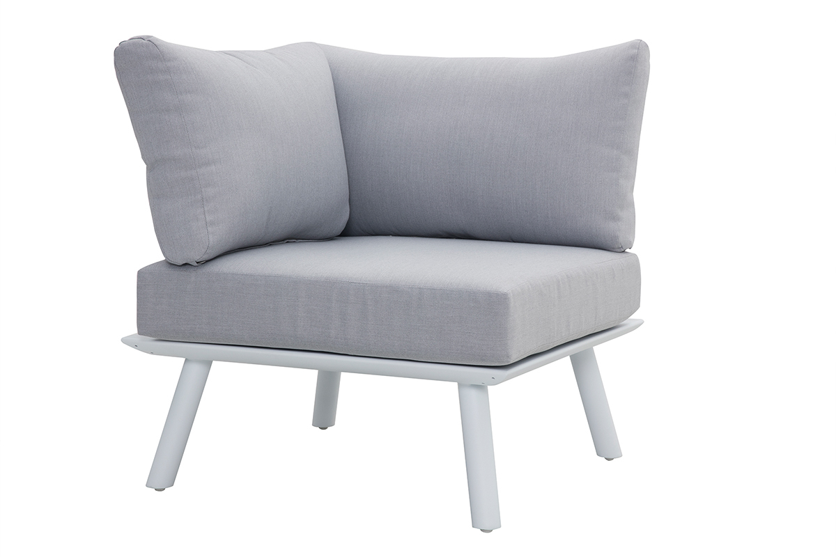 Salon de jardin d'angle en aluminium blanc, teck et tissu gris clair BELLS