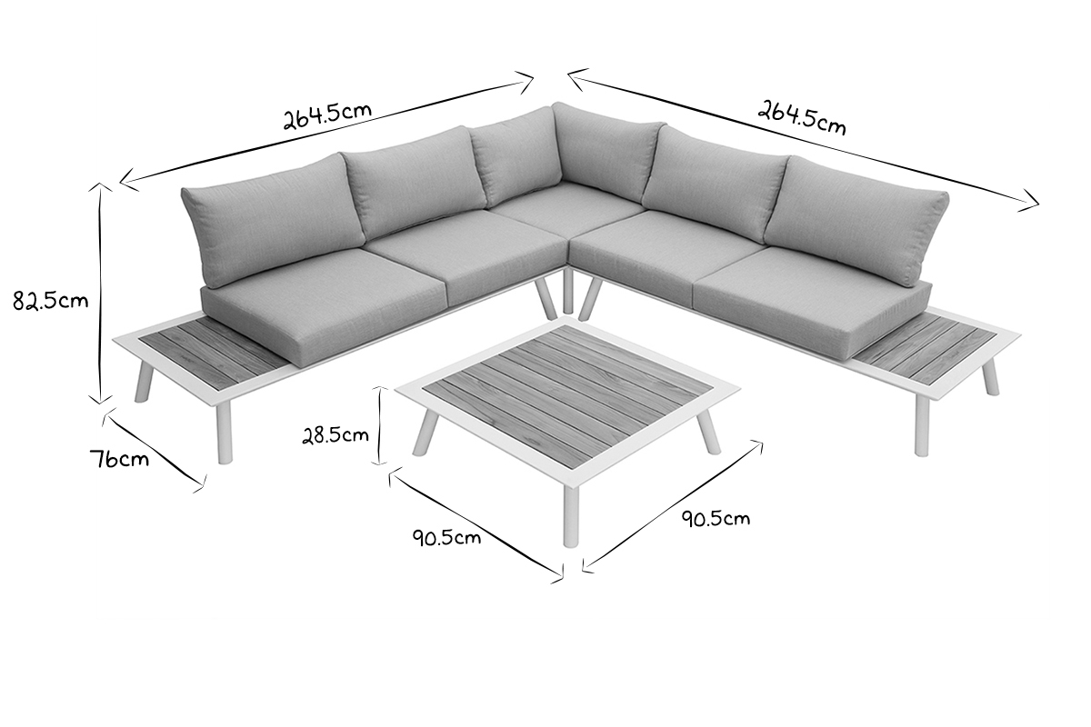 Salon de jardin d'angle en aluminium blanc, teck et tissu gris clair BELLS