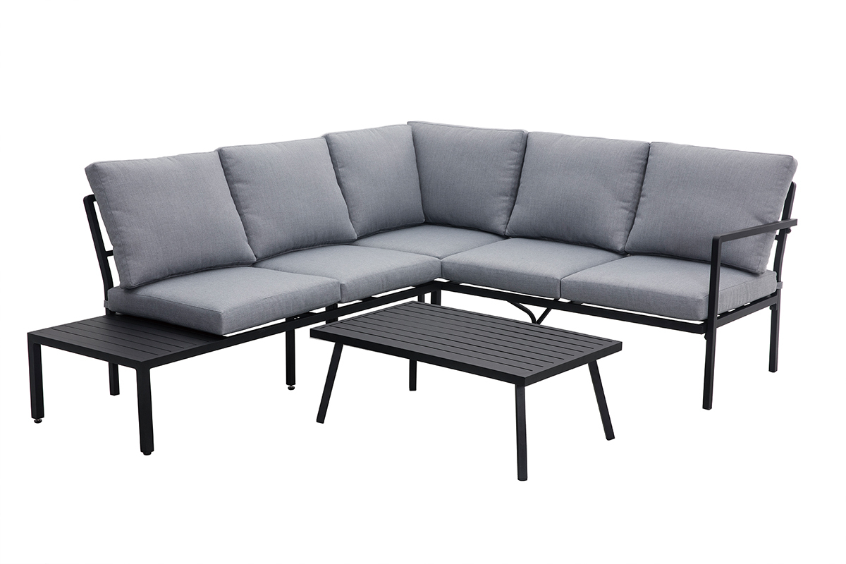 Salon de jardin d'angle en m�tal noir et tissu gris SAIGON