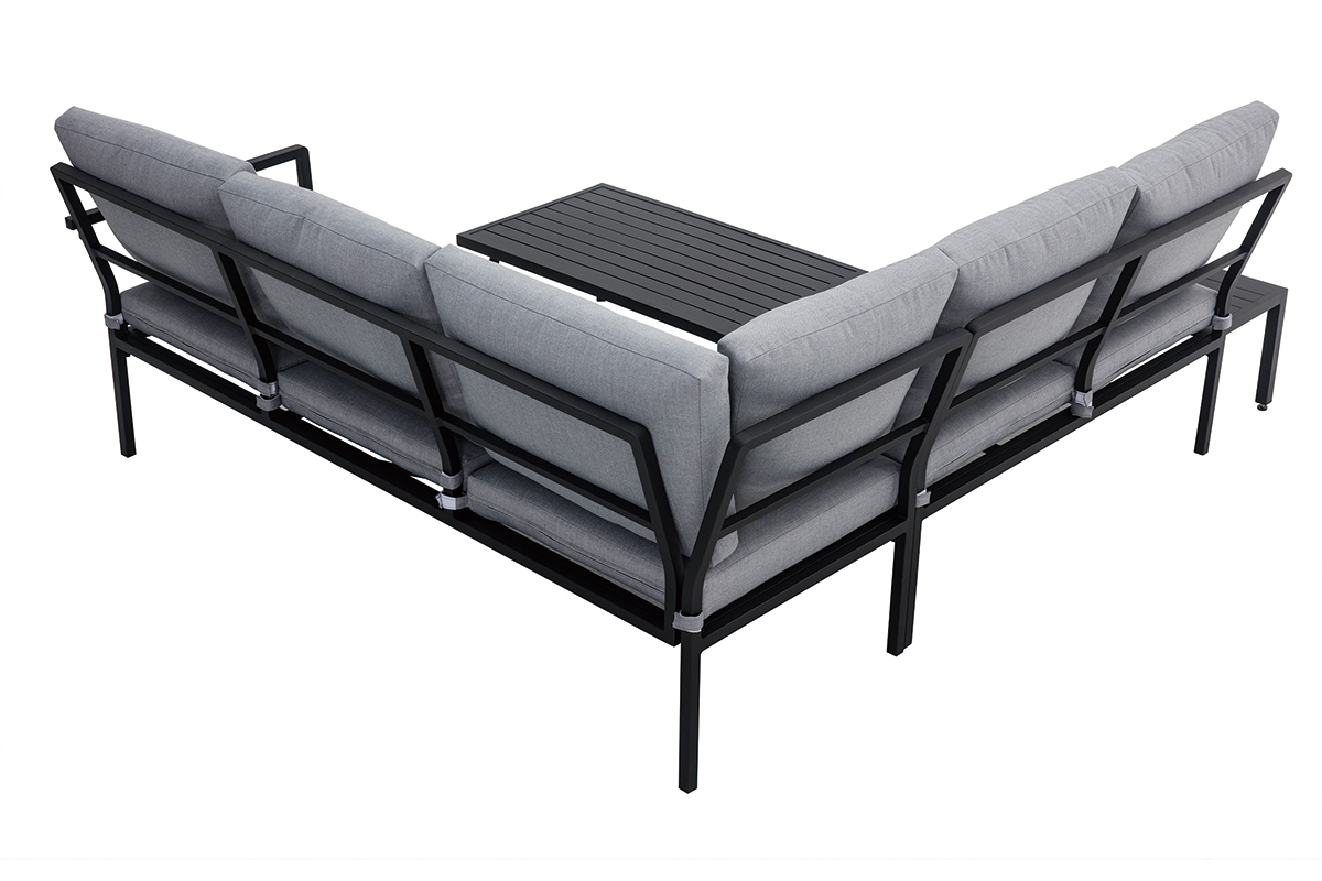 Salon de jardin d'angle en m�tal noir et tissu gris SAIGON