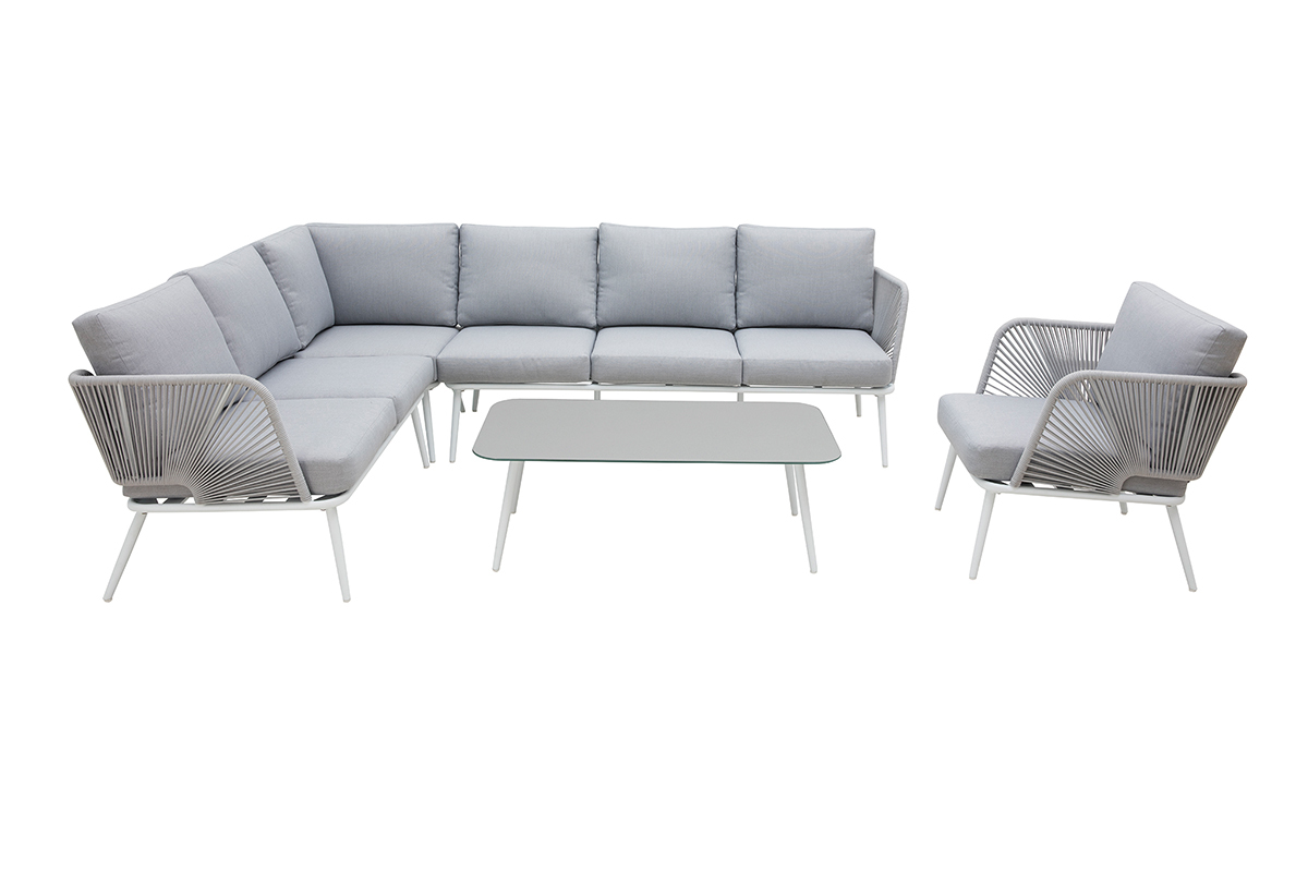 Salon de jardin en aluminium blanc, cordes et tissu gris clair HALONG