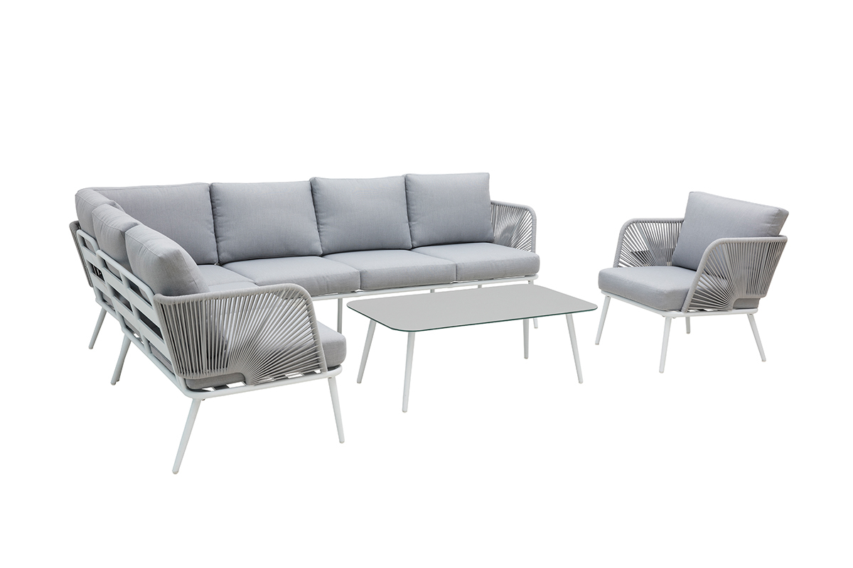 Salon de jardin en aluminium blanc, cordes et tissu gris clair HALONG