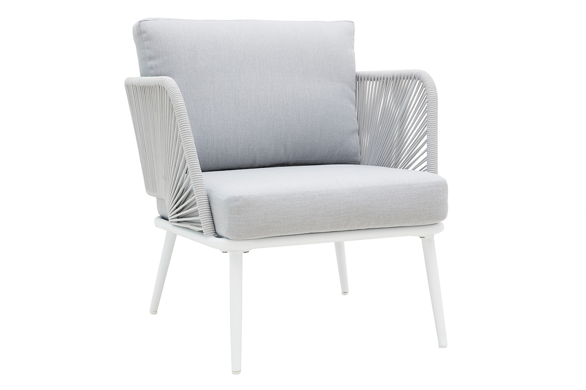 Salon de jardin en aluminium blanc, cordes et tissu gris clair HALONG