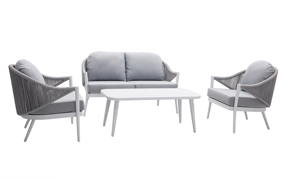 Salon de jardin en aluminium blanc et cordes et tissu gris clair LIMA