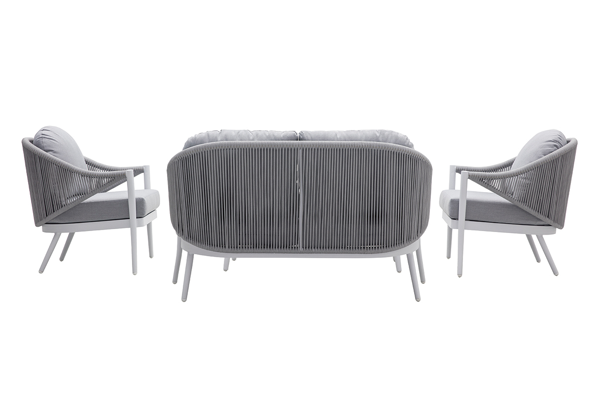 Salon de jardin en aluminium blanc et cordes et tissu gris clair LIMA