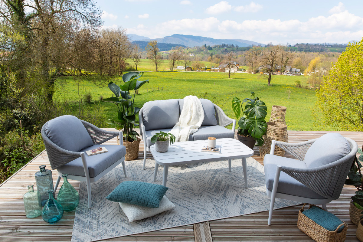 Salon de jardin en aluminium blanc et cordes et tissu gris clair LIMA