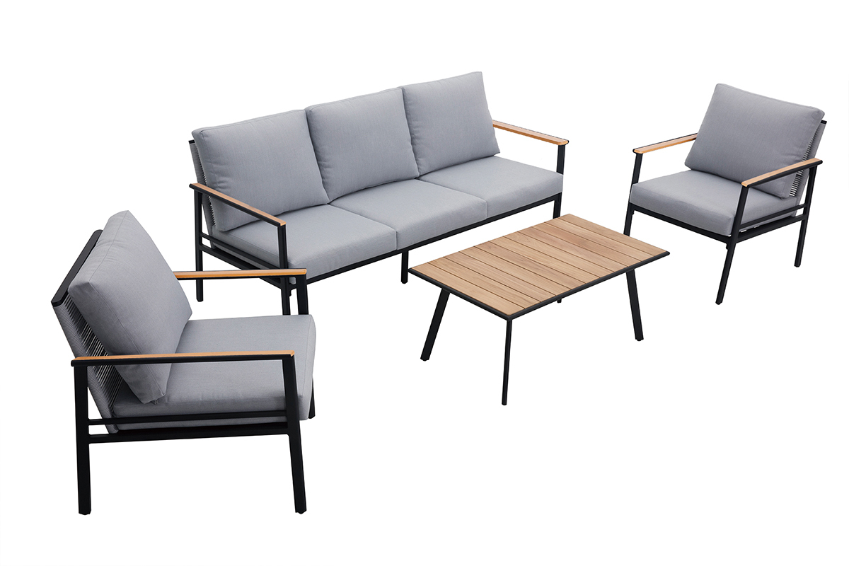 Salon de jardin en aluminium noir, cordes et tissu gris clair USHUAIA