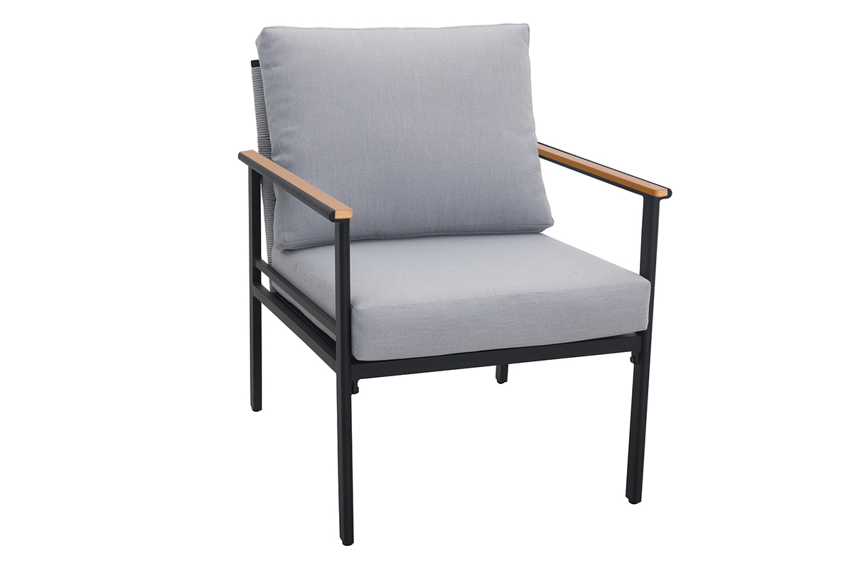 Salon de jardin en aluminium noir, cordes et tissu gris clair USHUAIA