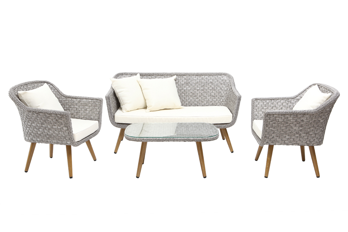 Salon de jardin en rsine tresse avec table basse gris et bois AJACCIO