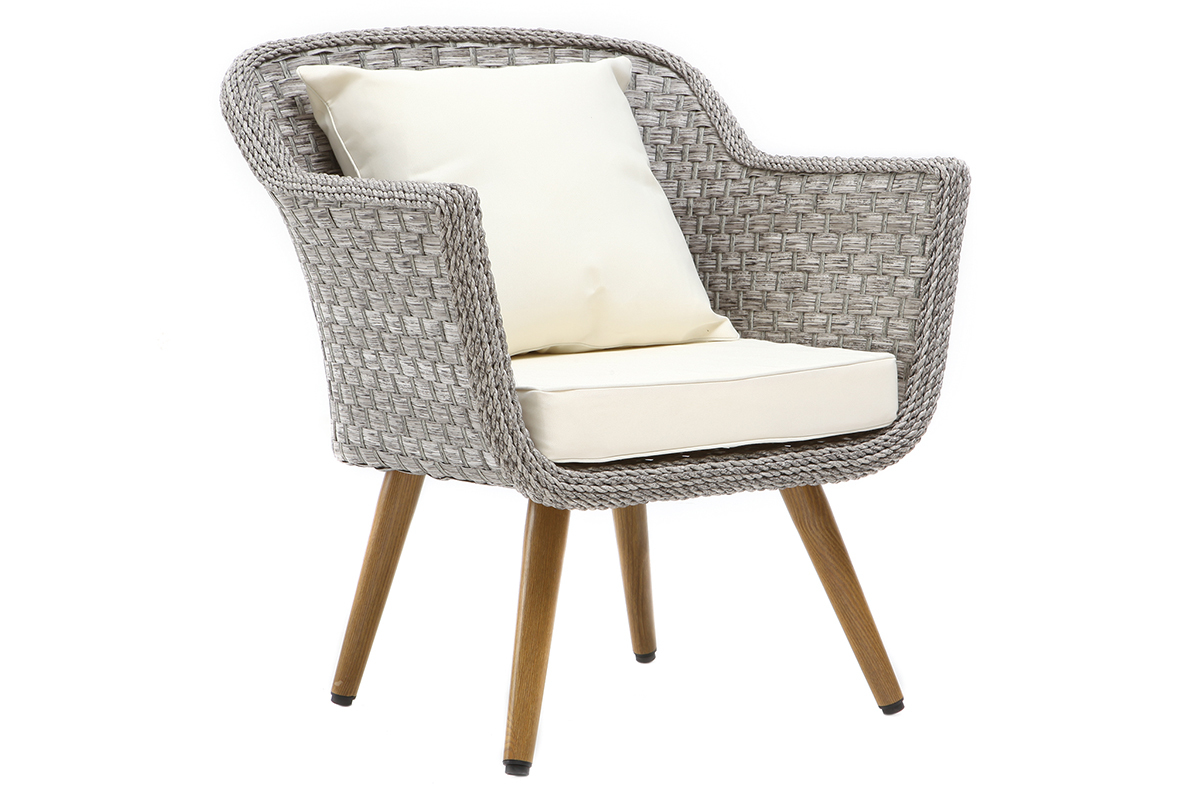 Salon de jardin en rsine tresse avec table basse gris et bois AJACCIO