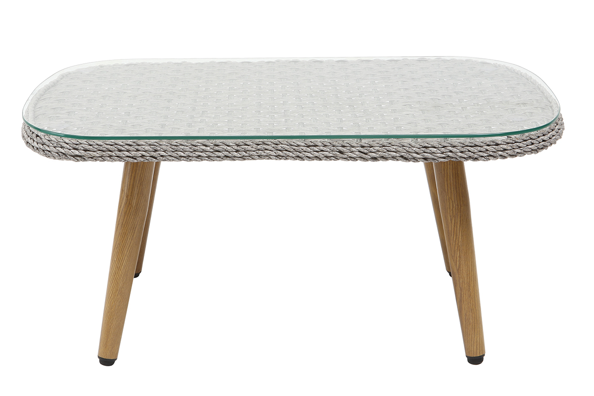 Salon de jardin en rsine tresse avec table basse gris et bois AJACCIO