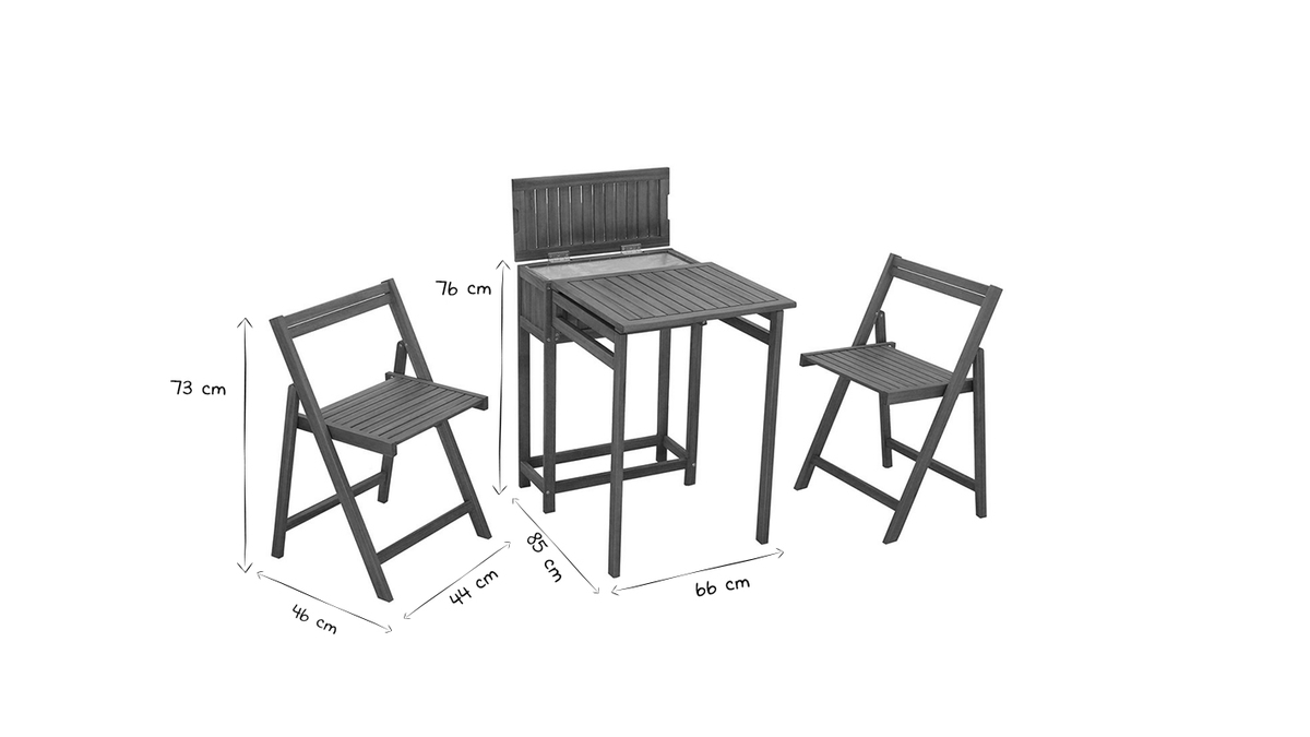 Set de 2 chaises pliantes et 1 table de balcon rabattable avec rangement en bois massif PRADO