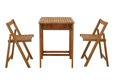 Set de 2 chaises pliantes et 1 table de balcon rabattable avec rangement en bois massif PRADO