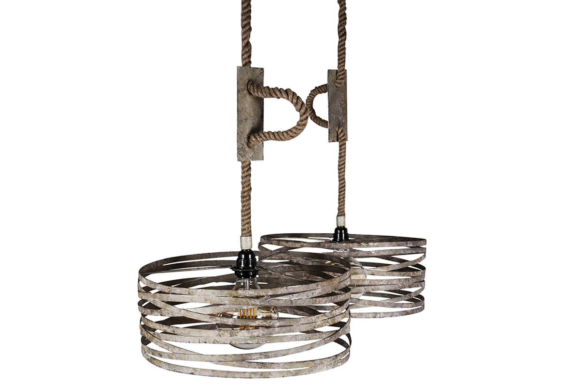Suspension 2 lampes avec corde en zinc vieilli ROPE