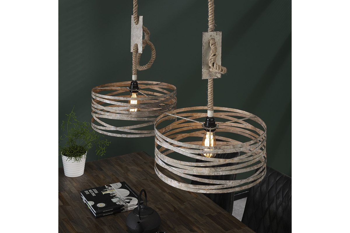 Suspension 2 lampes avec corde en zinc vieilli ROPE