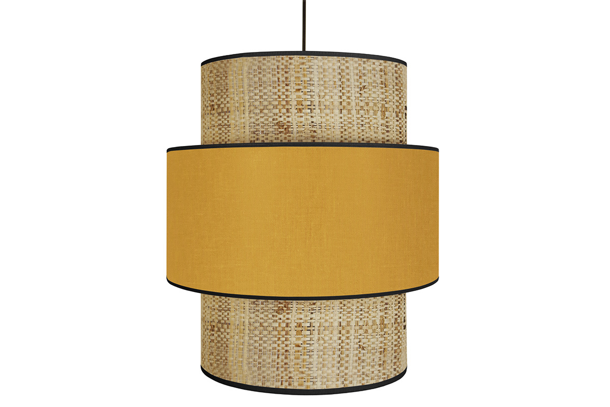 Suspension bi-mati�re en jute naturel et tissu jaune moutarde D40 cm CHILL