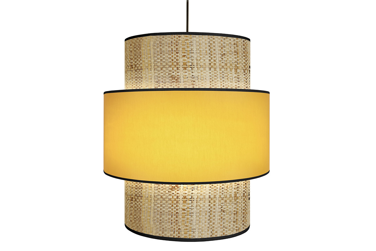 Suspension bi-mati�re en jute naturel et tissu jaune moutarde D40 cm CHILL