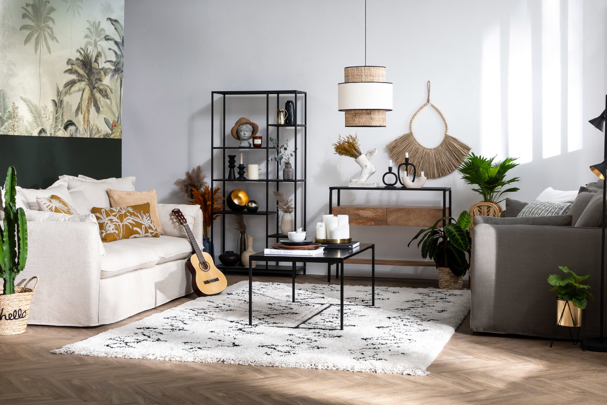 Suspension bi-mati�re en jute naturel et tissu jaune moutarde D40 cm CHILL