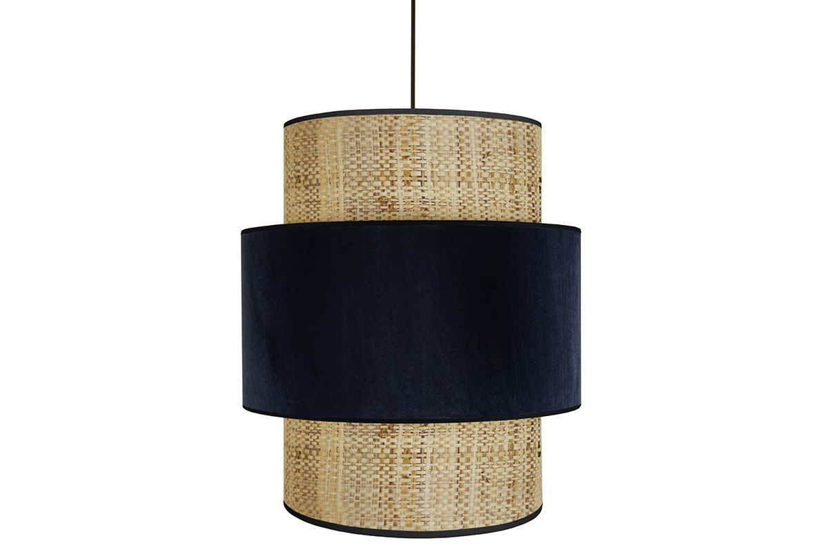 Suspension bi-mati�re en jute naturel et tissu velours noir D40 cm CHILL